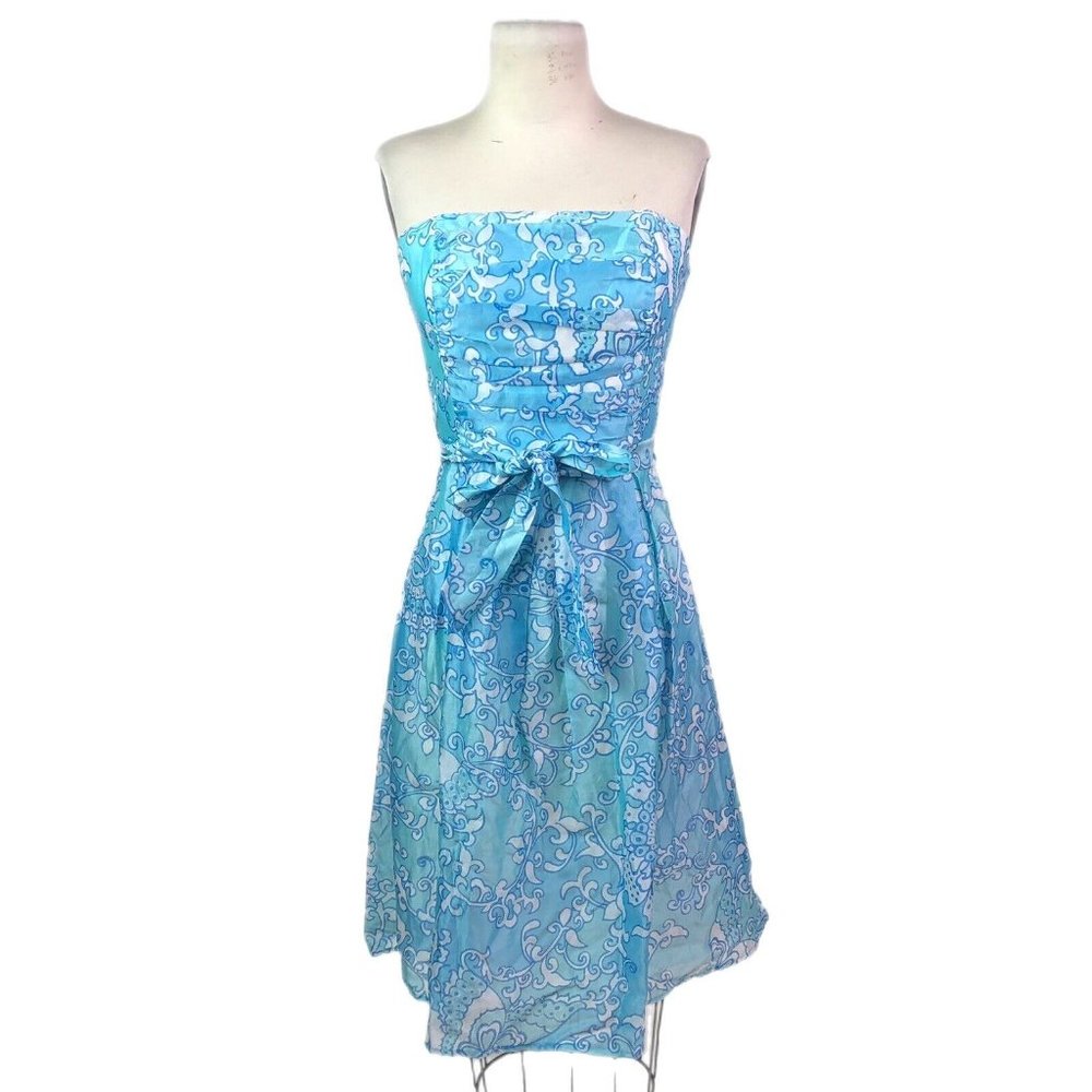 Lilly Pulitzer Blue & White Cotton Silk Floral Print Strapless Dress Belted Sz 6